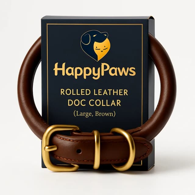 HappyPaws Rolled Leather Dog Collar (Large, Brown)