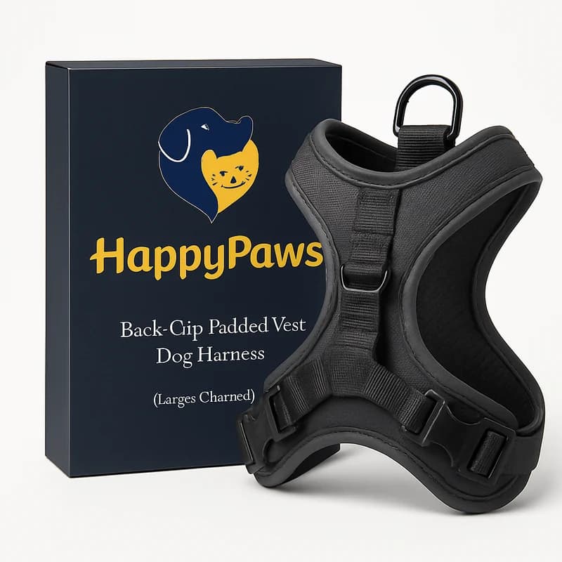 HappyPaws Back-Clip Padded Vest Dog Harness (Large, Charcoal)