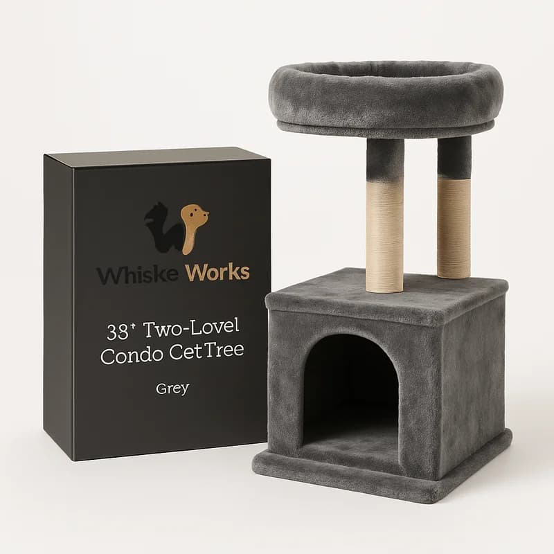 WhiskerWorks 39" Two-Level Condo Cat Tree Grey