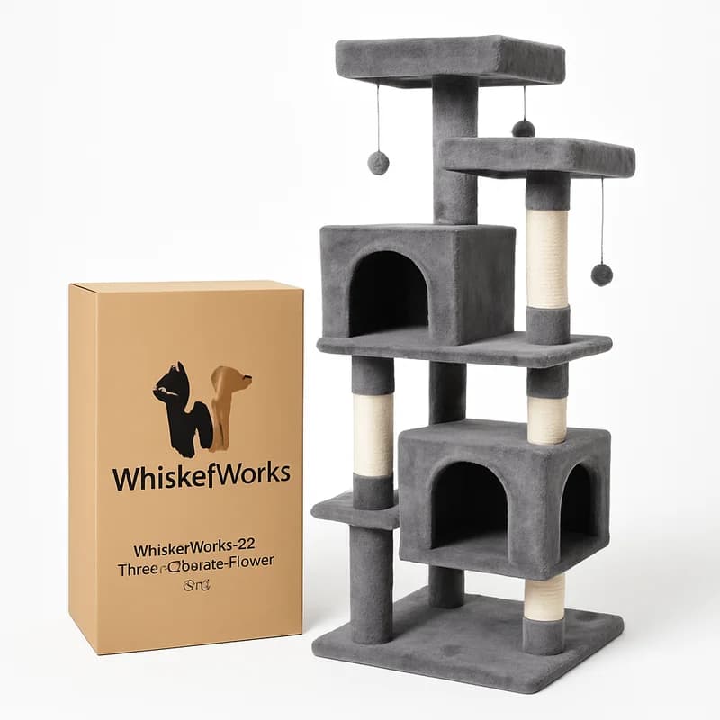 WhiskerWorks 57" Three-Condo Cat Tower Grey