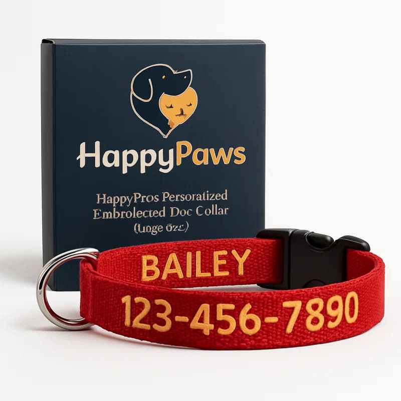 HappyPaws Personalized Embroidered Dog Collar (Large, Red)